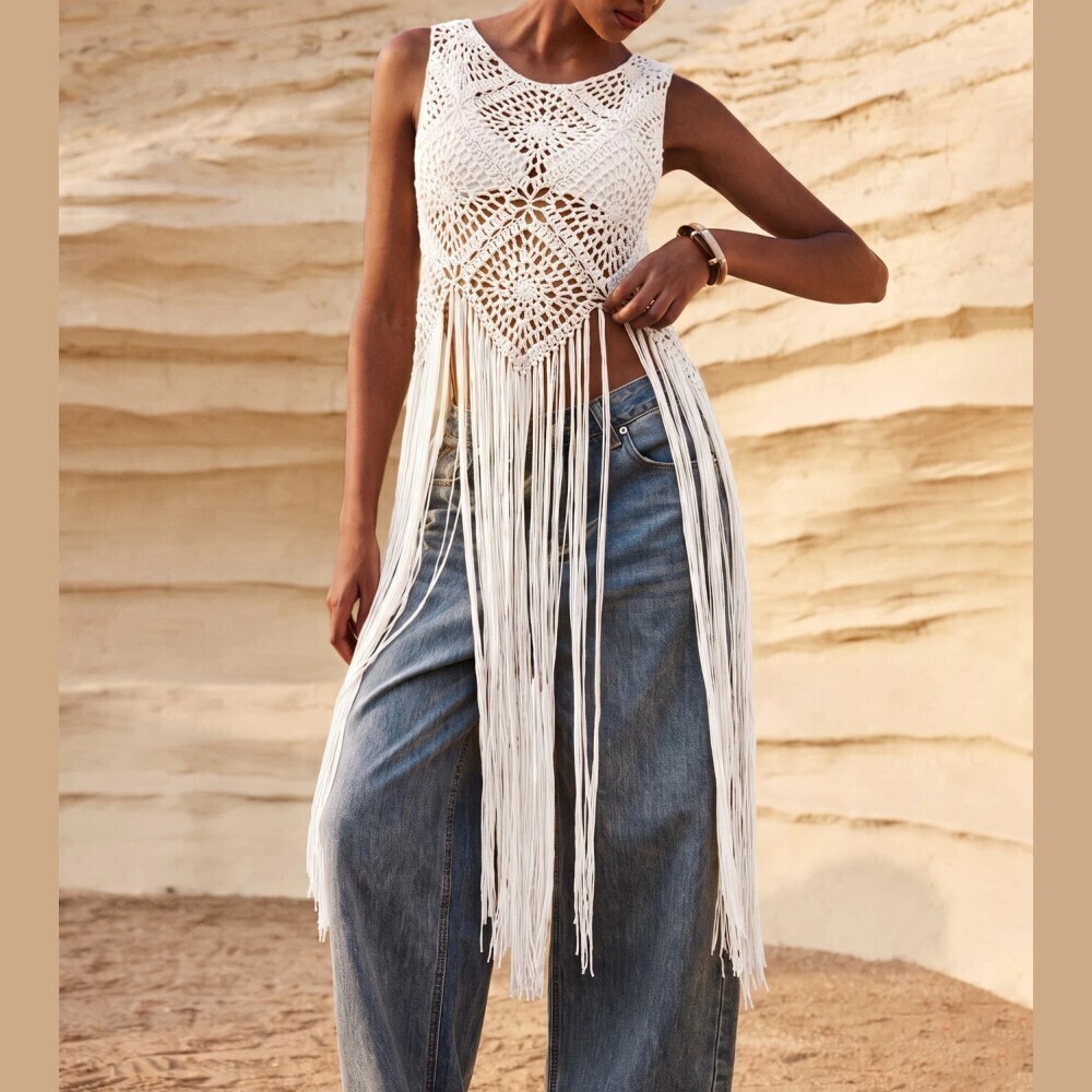 Ivory White Boho Crochet Fringe Sleeveless Knit Top